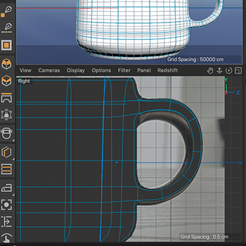 I further refined the mug handle, after bridging the polygons, by using the loop cut to create a cental loop on the handle, which I adjusted with the other loops. I then created a subdivision surface to smooth the mug. I used the scale and move tool to fine-tune the shape of the handle to better match the reference image. 